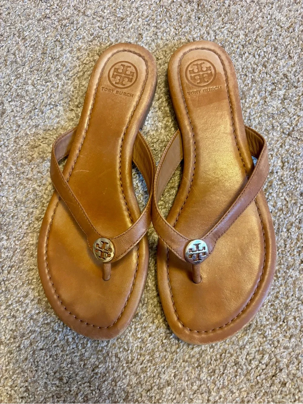 Tory Burch Tan Leather Logo Thong Sandals
